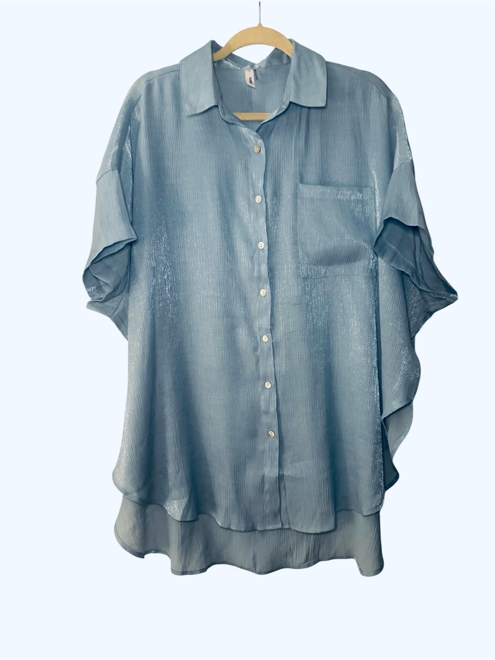 glam Pale Blue Oversized Textured Button-Front Shirt Size M